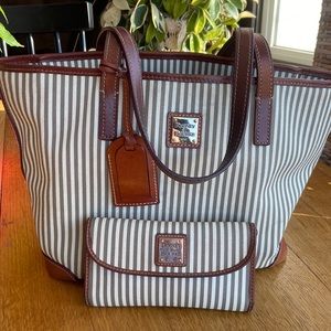 Dooney & Bourke Beige & Brown Striped Canvas Tote with Wallet